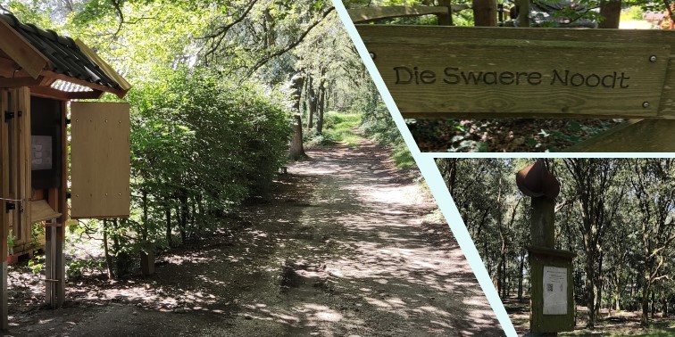 3 foto's van het infobord over de slag dat zich bevindt als je het pad in slaat met een paal met een helm erop.  